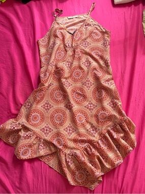 Mediterranean Tile Print Ruffle Slip Dress - Pink & Orange
